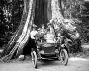 Group of people posing in antique car in a national park